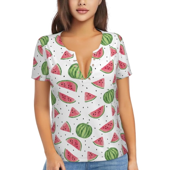 Wukai Hand Drawn Watermelon Casual V-Neck Graphic Tees for Women: Lightweight and Breathable Summer Tops with Stylish Design-Large