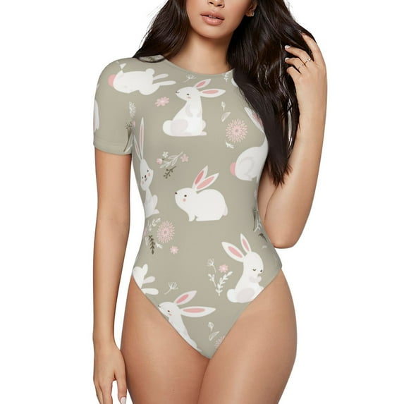 Naloa Rabbit And Flower Women's Short-Sleeved Onesie, One-Piece Swimsuit for Parties, dates, clubs - Medium