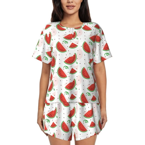 "Wukai Hand Drawn Watermelon Women's Pajama Set - Short-Sleeve Top and Shorts with Elastic Waistband and Pockets for Loungewear, Yoga, and Casual Wear-XX-Large
