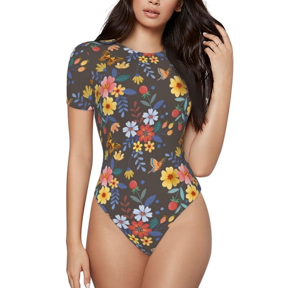 Naloa Colorful Flowers with Butterfly Women's Short-Sleeved Onesie, One-Piece Swimsuit for Parties, dates, clubs - Medium