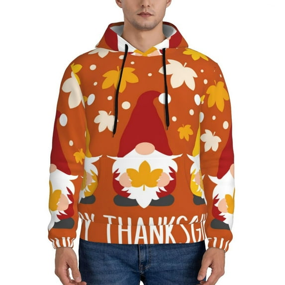 Wukai Happy Thanksgiving Three Gnomes Print Men Hoodies Fleece Sweatshirts Long Sleeve Sweaters Pullover Fall Outfits Winter Clothes-X-Large
