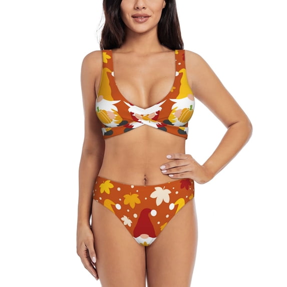 Wukai Happy Thanksgiving Three Gnomes Women's Bikini Set Two Piece,wimsuit High Waisted V Neck Twist Front Adjustable Spaghetti Straps Bathing Suit-