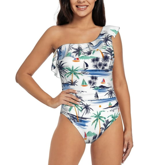 Wukai Hawaii Palms Chic One Shoulder Swimwear with Ruffle Design and Tummy Control Skirt: Fashionable, Supportive, Comfortable for Beach-Small