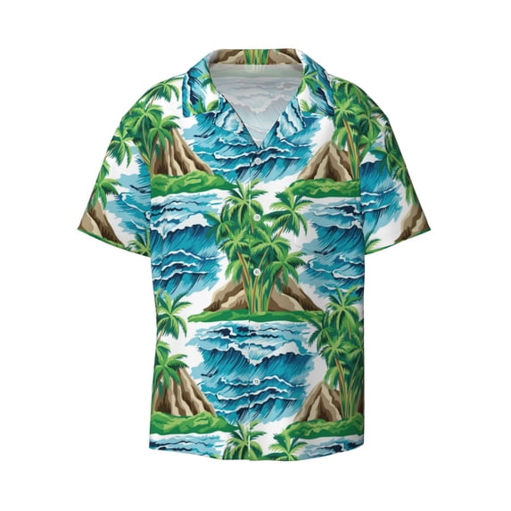 Wukai Hawaii Palms Men's Casual Short-Sleeve Button Down Shirt - Lightweight Summer Dress Shirt for Daily Wear-Small