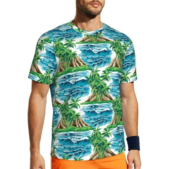 Wukai Hawaii Palms Print Men's Short-Sleeved Mesh T-Shirt,Quick-Dry Short Sleeve Workout T-Shirt-6X-Large