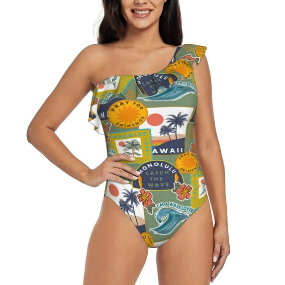 Wukai Hawaiian Style Chic One Shoulder Swimwear with Ruffle Design and Tummy Control Skirt: Fashionable, Supportive, Comfortable for Beach-Medium