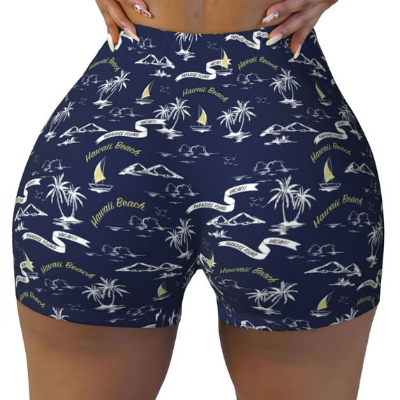 Wukai Hawaiian Style Print Pack Biker Shorts for Women Yoga Workout Gym Running Scrunch Active Shorts-