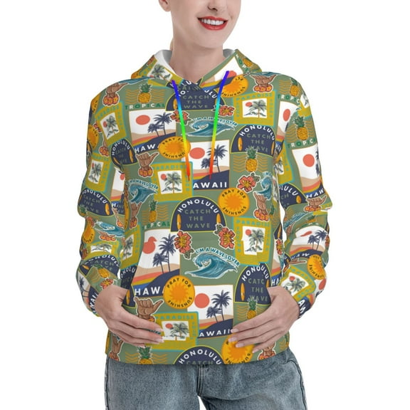 Wukai Hawaiian Style Print Womens Hoodies Fleece Sweatshirts Long Sleeve Sweaters Pullover Fall Outfits Winter Clothes-XX-Large