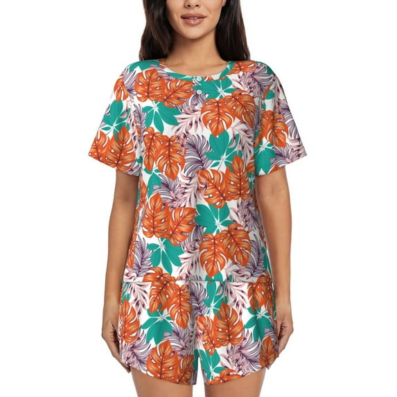 Wukai Hawaiian Style Women's Pajama Set,Short-Sleeve Top and Shorts with Elastic Waistband and Pockets for Loungewear, Yoga, and Casual Wear-Small