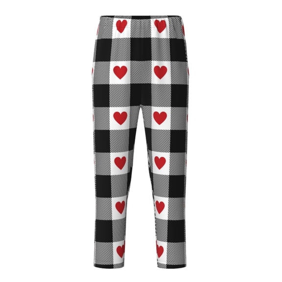 Wukai Heart Black Buffalo Plaid Gingham Print Teenagers' Pajama Pant Sleep Pajama Lounge Pant PJ Bottoms with Pockets and Button Fly(Available in Big & Tall)-Large