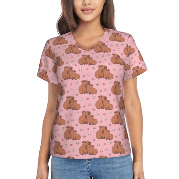 Wukai Heart Capybara Classic V-Neck T-Shirt for Women: Comfortable, Stylish, and Versatile Wardrobe Essential-Medium