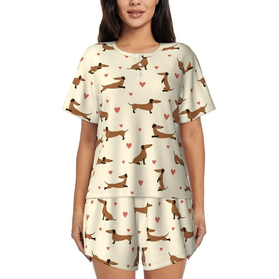 Wukai Heart Dachshund Women's Pajama Set,Short-Sleeve Top and Shorts with Elastic Waistband and Pockets for Loungewear, Yoga, and Casual Wear-XX-Large