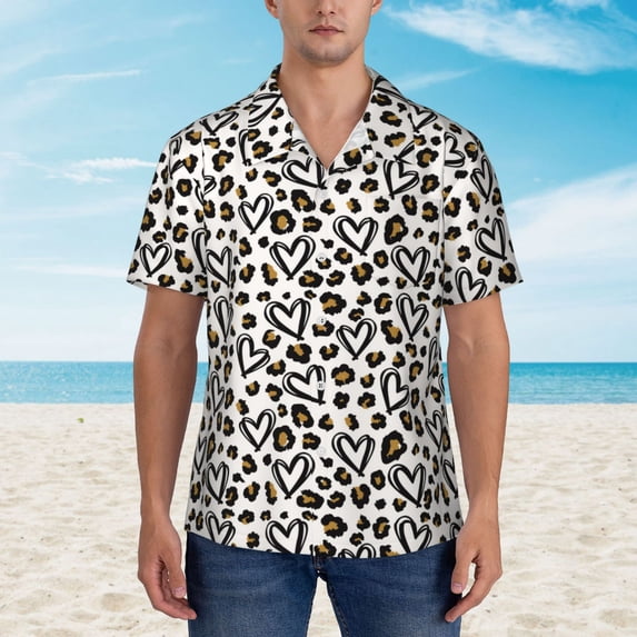 Wukai Heart Leopard Men's Hawaiian Shirt Short Sleeve Casual Button Down Summer Beach Aloha Shirt Tropical Print Holiday Party