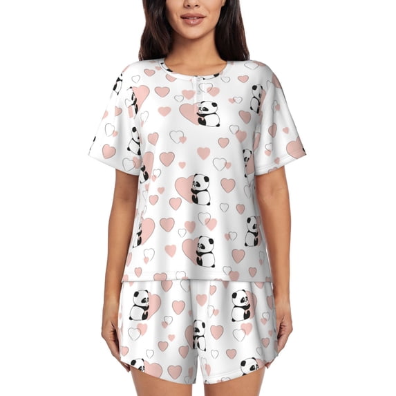 Wukai Heart Panda Print Women's Pajama Set - Short-Sleeve Top and Shorts with Elastic Waistband and Pockets for Loungewear, Yoga, and Casual Wear-3X-Large