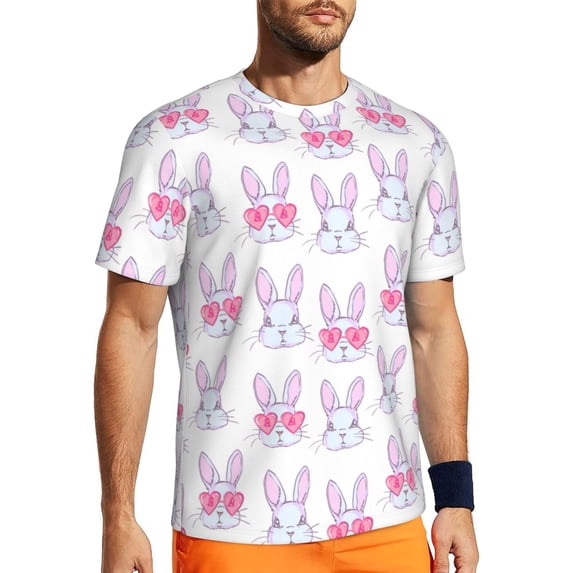 Wukai Heart Rabbit Print Men's Short-Sleeved Mesh T-Shirt,Quick-Dry Short Sleeve Workout T-Shirt-5X-Large