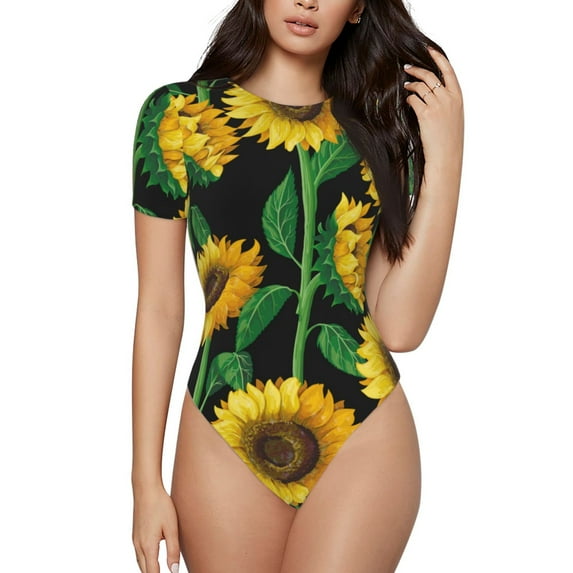 Naloa Sunflower 1 Women's Short-Sleeved Onesie, One-Piece Swimsuit for Parties, dates, clubs - Large