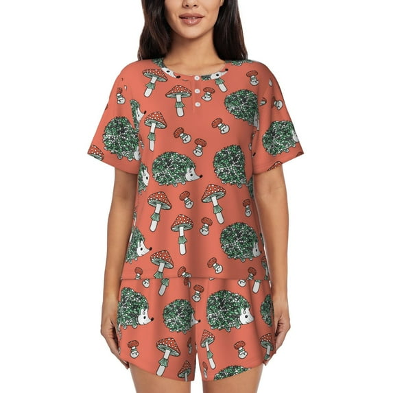 Wukai Hedgehog Mushroom Women's Pajama Set,Short-Sleeve Top and Shorts with Elastic Waistband and Pockets for Loungewear, Yoga, and Casual Wear-XX-Large