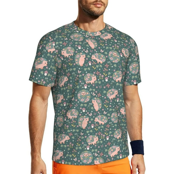 Wukai Hedgehogs and Flowers Print Men's Short-Sleeved Mesh T-Shirt,Quick-Dry Short Sleeve Workout T-Shirt-X-Small