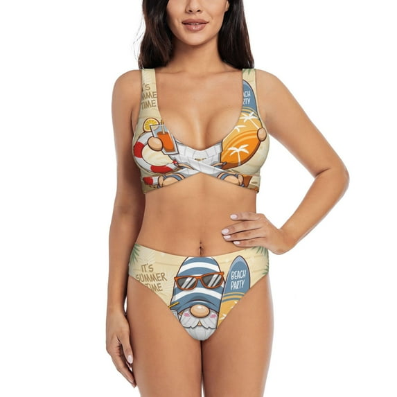 Wukai Hello Summer Cute Gnome Women's Bikini Set Two Piece,wimsuit High Waisted V Neck Twist Front Adjustable Spaghetti Straps Bathing Suit-X-Large