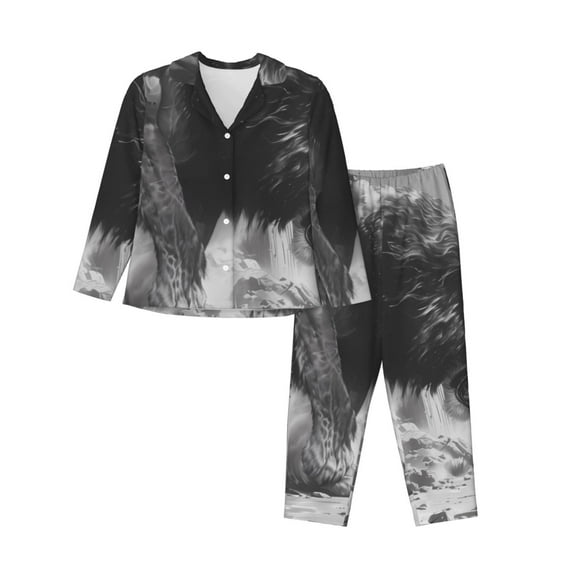 Wukai Heroic Lion Encounter Print Women's Pajama Set,PJ Set,Lounge Sets For Women Soft Long Sleeve Sleepwear Comfort and Style-Large