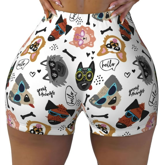 Wukai Hip Hop Dog Print Pack Biker Shorts for Women Yoga Workout Gym Running Scrunch Active Shorts-Small