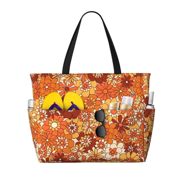 Wukai Hippie Flower Print Zipper Bag,large Beach Tote Bag,Waterproof Sandproof Bag,Grocery and Picnic Tote Travel Bag