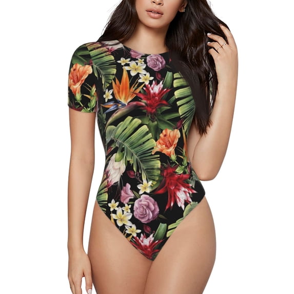 Naloa Watercolor Tropical Flowers Women's Short-Sleeved Onesie, One-Piece Swimsuit for Parties, dates, clubs - Small
