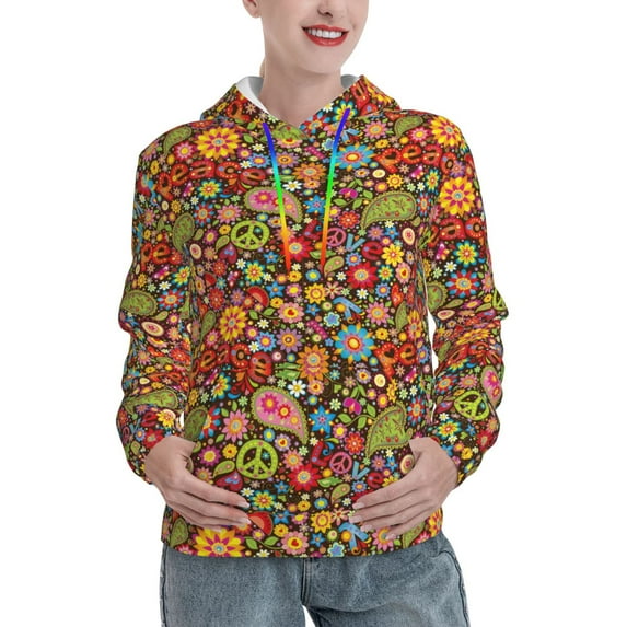 Wukai Hippie Peace Love Print Womens Hoodies Fleece Sweatshirts Long Sleeve Sweaters Pullover Fall Outfits Winter Clothes-Medium