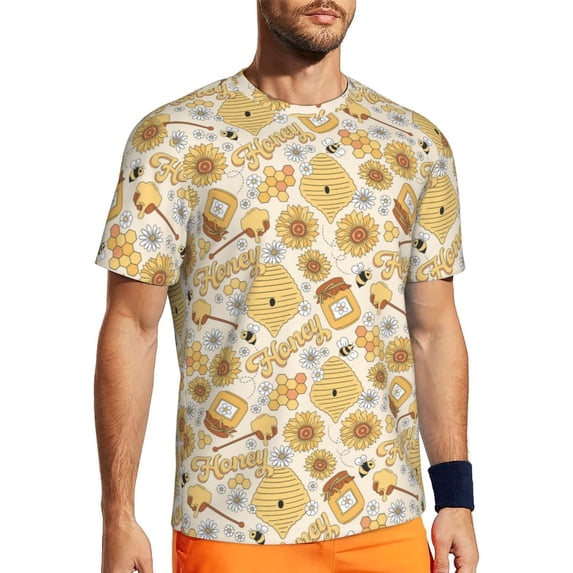 Wukai Honey Honeycomb Print Men's Short-Sleeved Mesh T-Shirt,Quick-Dry Short Sleeve Workout T-Shirt-X-Small