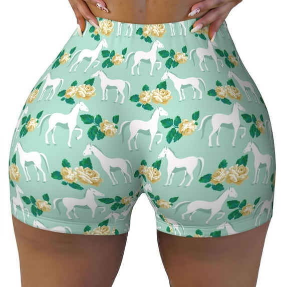 Wukai Horse And Flower Print Pack Biker Shorts for Women Yoga Workout Gym Running Scrunch Active Shorts-Small