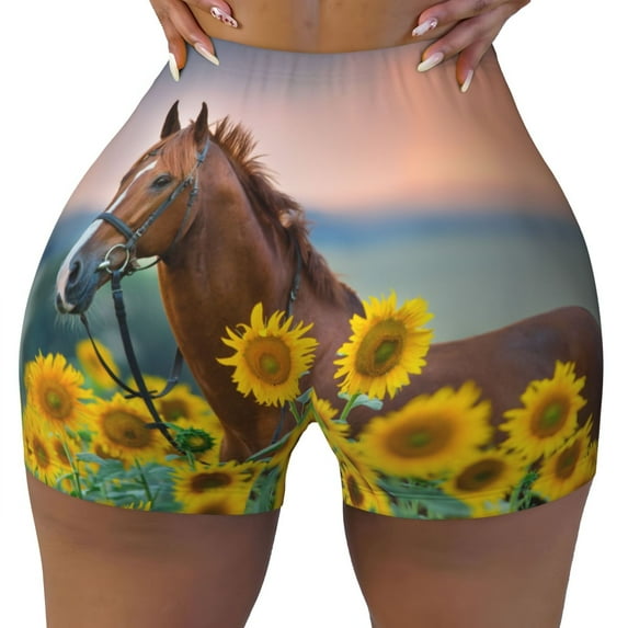 Wukai Horse Sunflowers Print Pack Biker Shorts for Women Yoga Workout Gym Running Scrunch Active Shorts-Small