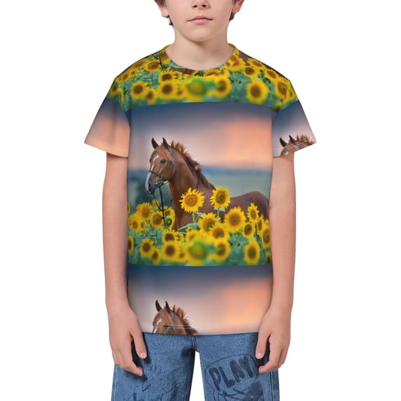 Wukai Horse Sunflowers Youth Unisex Short Sleeve T-Shirt for Boys, Girls, Teens, and Kids-Large