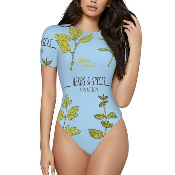 Naloa Herbs and Spices Women's Short-Sleeved Onesie, One-Piece Swimsuit for Parties, dates, clubs - Large