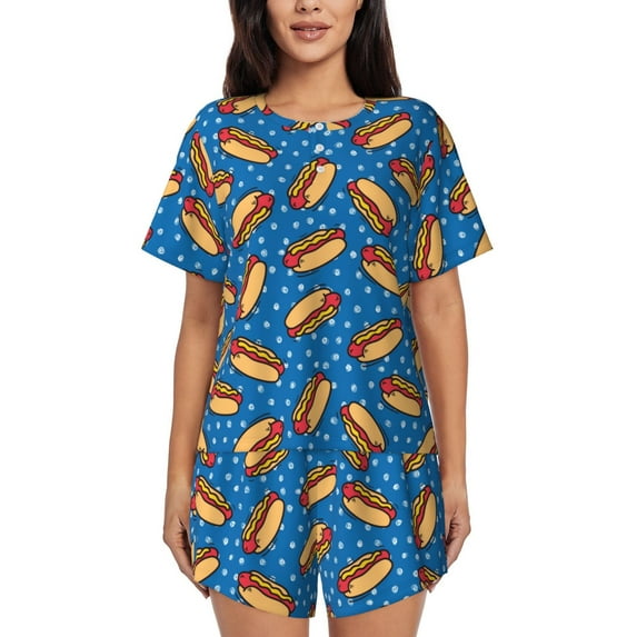 Wukai Hot Dog 1 Print Women's Pajama Set - Short-Sleeve Top and Shorts with Elastic Waistband and Pockets for Loungewear, Yoga, and Casual Wear-3X-Large