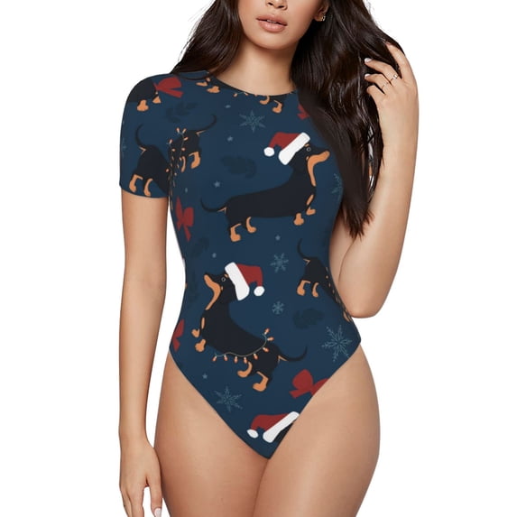 Naloa Christmas Dachshund Women's Short-Sleeved Onesie, One-Piece Swimsuit for Parties, dates, clubs - Small