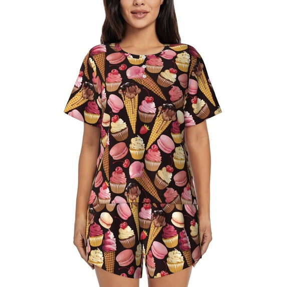 "Wukai Ice Cream Cake Women's Pajama Set - Short-Sleeve Top and Shorts with Elastic Waistband and Pockets for Loungewear, Yoga, and Casual Wear-Small