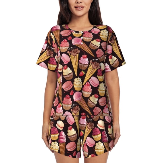 Wukai Ice Cream Cake Women's Pajama Set,Short-Sleeve Top and Shorts with Elastic Waistband and Pockets for Loungewear, Yoga, and Casual Wear-XX-Large