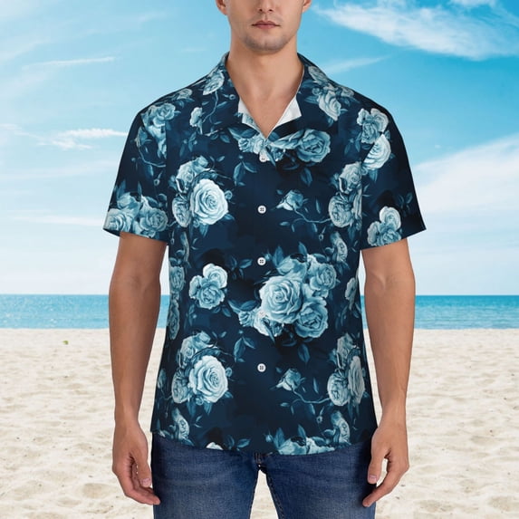 Wukai Ink Rose Men's Hawaiian Shirt Short Sleeve Casual Button Down Summer Beach Aloha Shirt Tropical Print Holiday Party