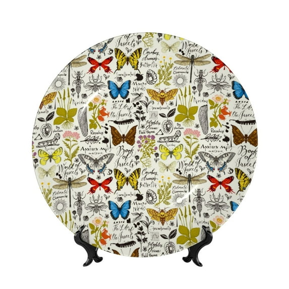 Wukai Insects And Medicinal Herbs Print Decorative Plate for Display,Bone China Decorative Plate, Ceramic Dinner Plate with Stand, Vertical Ceramic Plate-10in