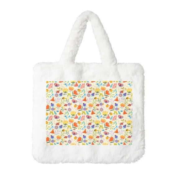 Wukai Insects In Plants Print Plush Underarm Bag, Ladies Fluffy Shoulder Bag, Women Furry Flower Tote Bag Plush Handbag for Autumn and Winter