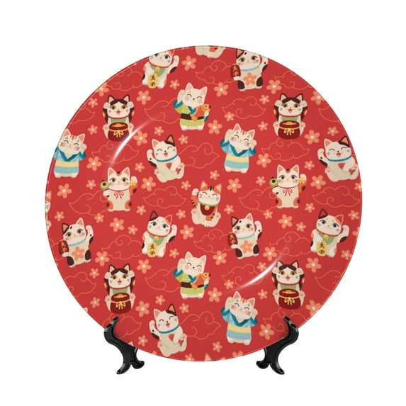 Wukai Japanese Maneki Cats Print Decorative Plate for Display,Bone China Decorative Plate, Ceramic Dinner Plate with Stand, Vertical Ceramic Plate-6in