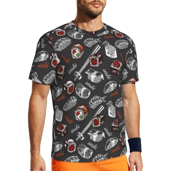 Wukai Japanese Sushi Hashi Print Men's Short-Sleeved Mesh T-Shirt,Quick-Dry Short Sleeve Workout T-Shirt-5X-Large