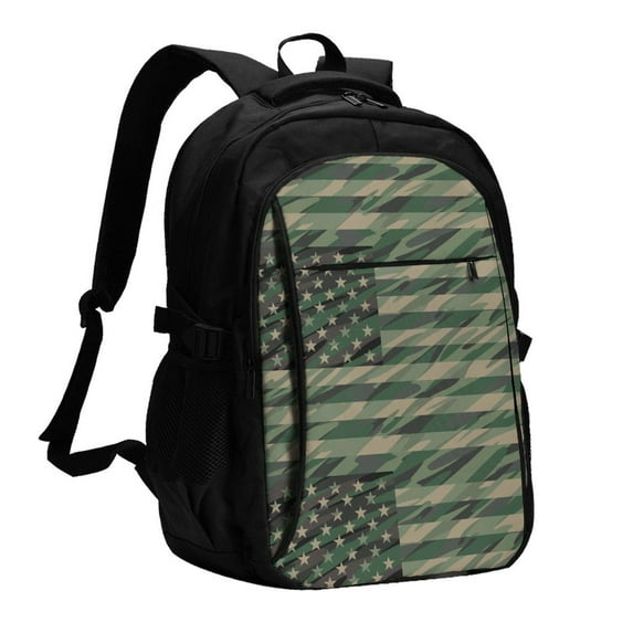 Wukai Jungle Green Camo USA Flag Travel Laptop Backpack: Business Water-Resistant Bag with USB Charging Port, Ideal College Backpack for Men & Women