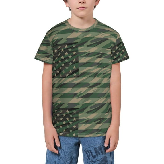 Wukai Jungle Green Camo USA Flag Youth Unisex Short Sleeve T-Shirt for Boys, Girls, Teens, and Kids-X-Small