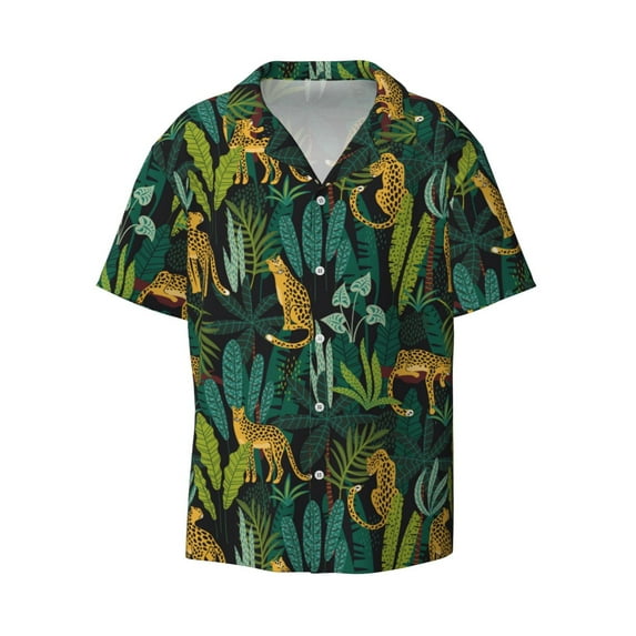 Wukai Jungle Leopard Yellow Men's Casual Short-Sleeve Button Down Shirt - Lightweight Summer Dress Shirt for Daily Wear-