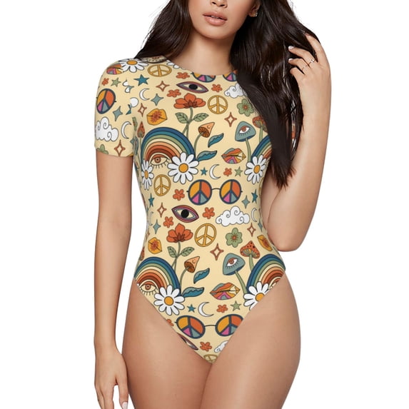 Naloa Mushrooms And Rainbows Peace Women's Short-Sleeved Onesie, One-Piece Swimsuit for Parties, dates, clubs - Medium