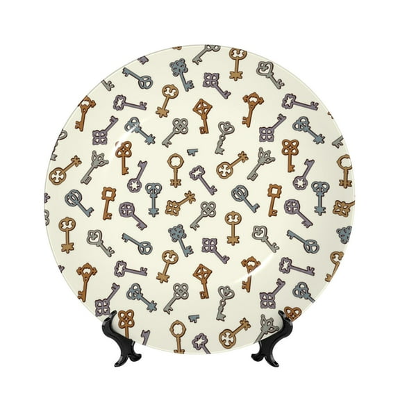 Wukai Keys1 Print Decorative Plate for Display,Bone China Decorative Plate, Ceramic Dinner Plate with Stand, Vertical Ceramic Plate-6in