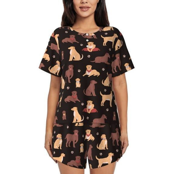 Wukai Labrador Retriever Dog Print Women's Pajama Set - Short-Sleeve Top and Shorts with Elastic Waistband and Pockets for Loungewear, Yoga, and Casual Wear-Medium