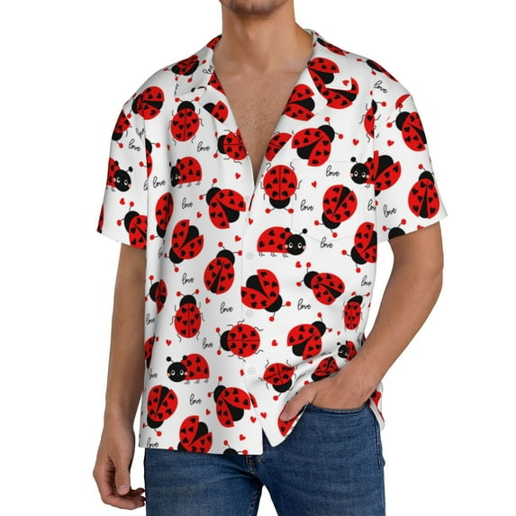 Wukai Ladybug And Heart Men's Casual Short-Sleeve Button Down Shirt,Cuban Shirts for Men,Mens Short Sleeve Dress Shirts-Large