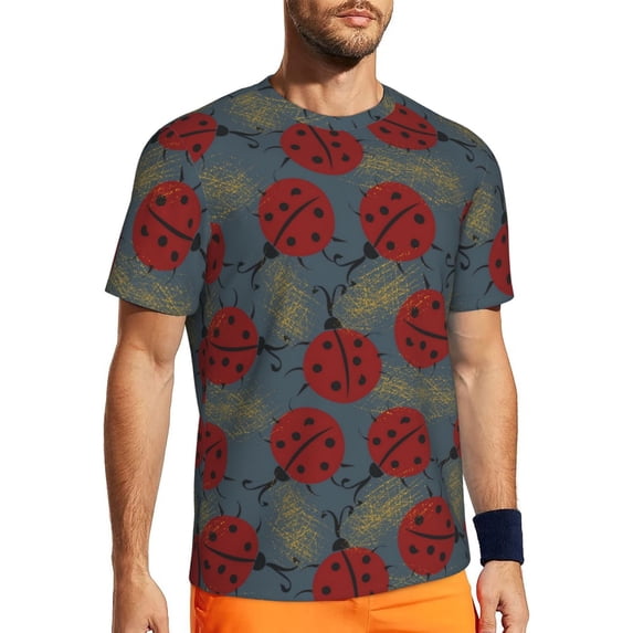 Wukai Ladybug Print Men's Short-Sleeved Mesh T-Shirt,Quick-Dry Short Sleeve Workout T-Shirt-3X-Large